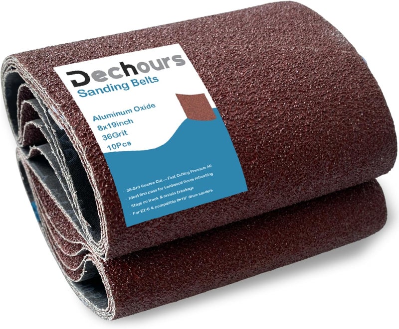 Dechours Store أحزمة صنفرة 8" × 19" بحبيبات 36 – ورق صنفرة من أكسيد الألمنيوم لطاحونة الأسطوانة EZ-8، عبوة 10، قطع سريع لتجديد الأرضيات الخشبية والأعمال الخشبية - Image 1